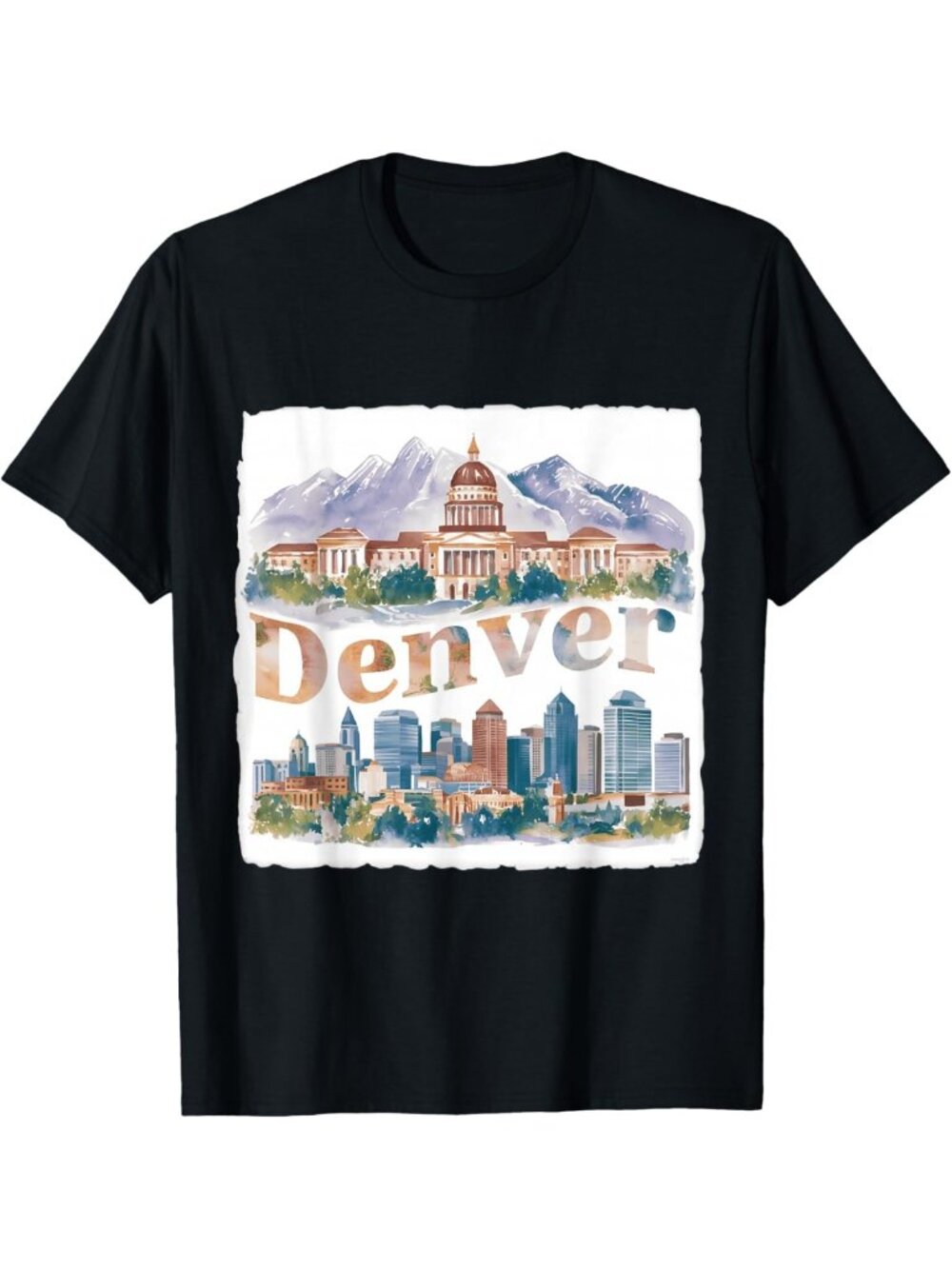 Denver Skyline Watercolor Art T-Shirt | Cityscape Design | Unique Graphic Tee